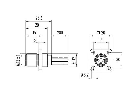 Scale drawing 09 0631 070 04 - M12 Square male panel mount connector, Contacts: 4, unshielded, single wires, IP40, UL
