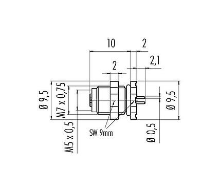 比例图 M5 孔头法兰座, 极数: 3, 非屏蔽, THT, IP67, UL 2238, M5x0.5, 後壁安裝, 模压成型