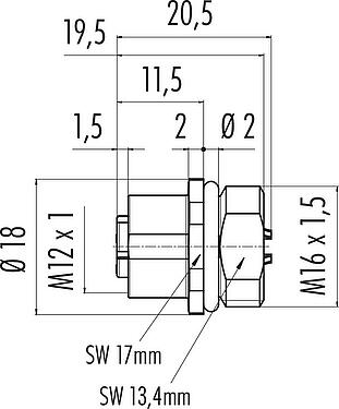 比例图 M12 孔头法兰座, 极数: 4, 焊接, IP67, UL 2238, M16x1.5, 板前安装