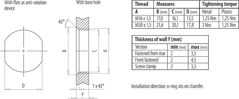 安装说明 M12 孔头法兰座, 极数: 4, 非屏蔽, 带导线, IP68, UL 2238, M20x1.5, 板前安装, 模压成型