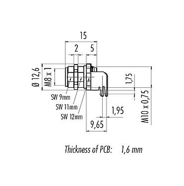 比例图 M8 孔头法兰座, 极数: 3, 可接屏蔽, THT, IP67, UL 2238, M10x0.75, 後壁安裝, 模压成型