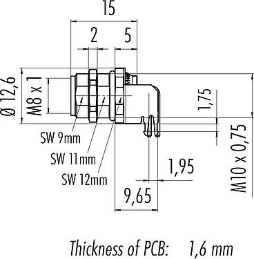 比例图 M8 孔头法兰座, 极数: 4, 可接屏蔽, THT, IP67, UL 2238, M10x0.75, 後壁安裝, 模压成型