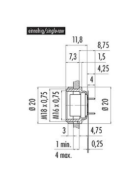 Scale drawing M16 Female panel mount connector, Contacts: 12 (12-a), unshielded, THT, IP40, M18x0,75, Rear mounting