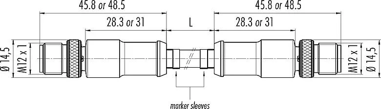 Scale drawing M12 Connecting cable 2 male cable connectors, Contacts: 4, shielded, moulded on the cable, IP67, UL, Profinet/Ethernet CAT5e, PUR, green, 4 x AWG 22, 5 m