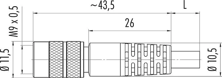 Scale drawing M9 Female cable connector, Contacts: 8, shielded, moulded on the cable, IP67, PUR, black, 8 x 0.14 mm², 2 m