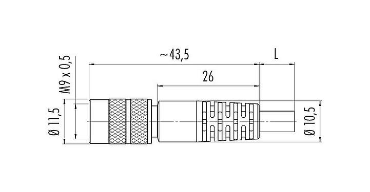Scale drawing M9 Female cable connector, Contacts: 2, shielded, moulded on the cable, IP67, PUR, black, 5 x 0.25 mm², 5 m