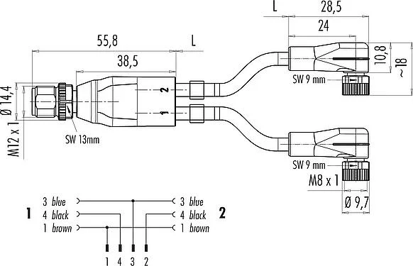 比例图 M12/M8 公头电缆分线器 - 2 个母头弯角连接器, 极数: 4/3, 非屏蔽, 预铸电缆, IP67, UL 2238, PUR, 黑色, 3x0.34mm², 带LED的PNP, 2m