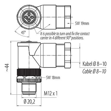 比例图 M12 弯角针头电缆连接器, 极数: 4, 8.0-10.0mm, 非屏蔽, 螺钉接线, IP67, UL 2238, VDE