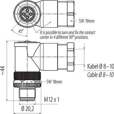 比例图 M12 弯角针头电缆连接器, 极数: 4, 8.0-10.0mm, 非屏蔽, 螺钉接线, IP67, UL 2238, VDE