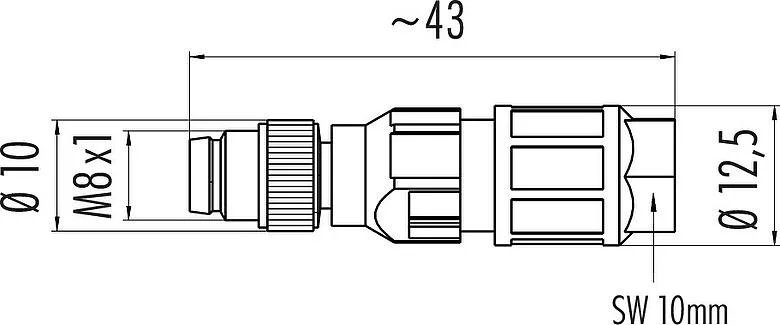 比例图 M8 直头针头电缆连接器, 极数: 4, 2.5-5.0mm, 非屏蔽, IDC, IP67, UL