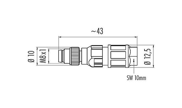 比例图 M8 直头针头电缆连接器, 极数: 4, 2.5-5.0mm, 非屏蔽, IDC, IP67, UL
