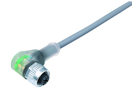 3D View 77 3634 0000 20003-0500 - M12 Female angled connector, Contacts: 3, unshielded, moulded on the cable, IP69K, UL, PVC, grey, 3 x 0.34 mm², with LED PNP, 5 m