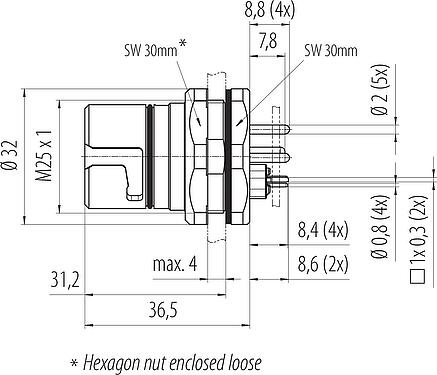 Scale drawing B23 Female panel mount connector, Contacts: 9 (4+PE + 4), THT, IP65/IP67, Rear mounting, with stranded wires, ENP: Power pin / Data socket