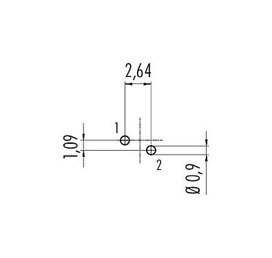 Conductor layout M9 Female panel mount connector, Contacts: 2, unshielded, THT, IP67, M12x0.5, Rear mounting