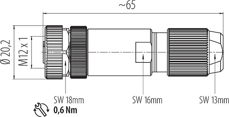 Scale drawing M12 Female cable connector, Contacts: 4, 5.0-8.0 mm, shieldable, wire clamp, IP67, iris spring