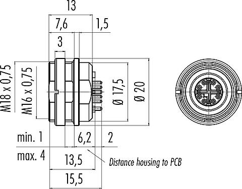 比例图 M16 孔头法兰座, 极数: 8, 可接屏蔽, THR, IP67, M18x0,75, 後壁安裝