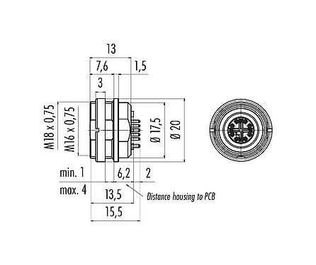 Scale drawing 99 4174 90 08 - M16 Female panel mount connector, Contacts: 8, shieldable, THR, IP67
