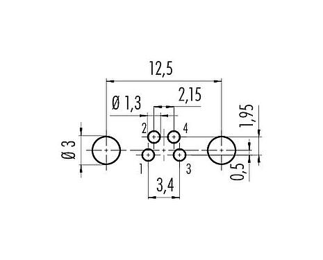 导体结构 M8 针头法兰座, 极数: 4, 可接屏蔽, THT, IP67, UL 2238, M8x1.0, 後壁安裝, 模压成型