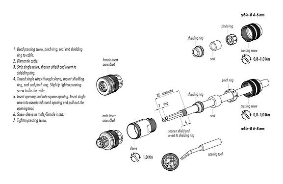装配说明 M12 直头孔头电缆连接器, 极数: 4, 6.0-8.0mm, 可接屏蔽, 笼式弹簧, IP67, 带防护环