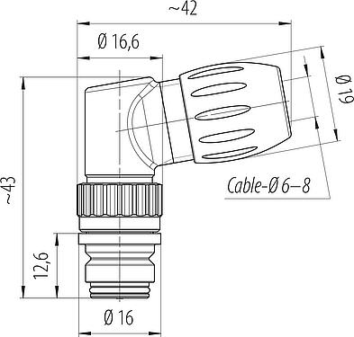 Scale drawing Snap-In Female angled connector, Contacts: 8, 6.0-8.0 mm, unshielded, solder, IP67