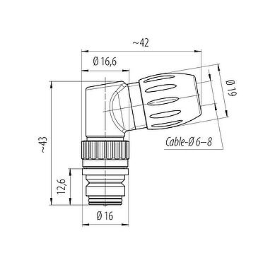 Scale drawing Snap-In Female angled connector, Contacts: 5, 6.0-8.0 mm, unshielded, solder, IP67