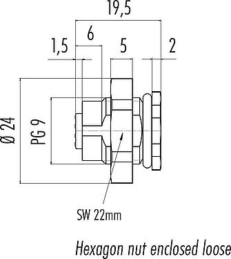 Scale drawing M12 Female panel mount connector, Contacts: 5, unshielded, solder, IP67, UL 2238, PG 9, Rear mounting