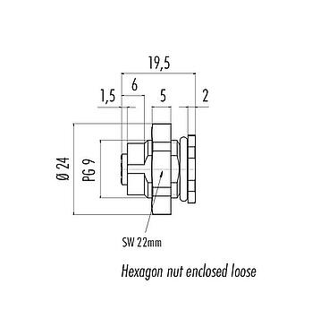 Scale drawing M12 Female panel mount connector, Contacts: 8, unshielded, solder, IP67, UL 2238, PG 9, Rear mounting