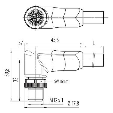 比例图 M12 弯角针头电缆连接器, 极数: 4+PE, 非屏蔽, 预铸电缆, IP68, UL 2238, PUR, 黑色, 5x2.50mm², 5m