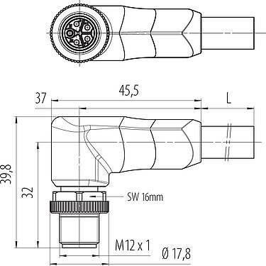 比例图 M12 弯角针头电缆连接器, 极数: 4+PE, 非屏蔽, 预铸电缆, IP68, UL 2238, PUR, 黑色, 5x2.50mm², 5m