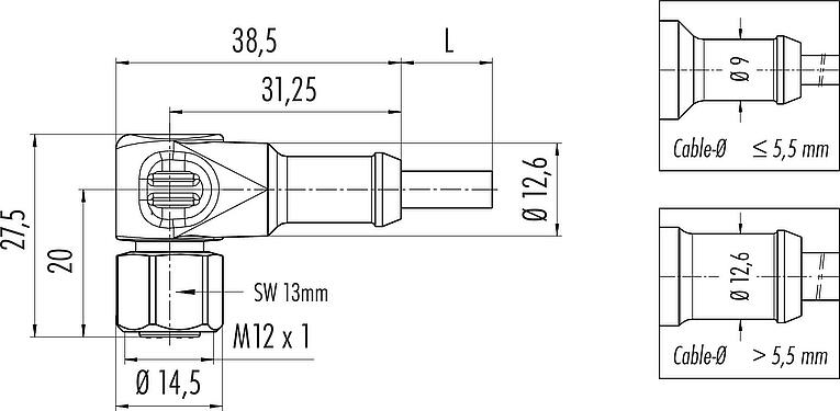 Scale drawing M12 Female angled connector, Contacts: 3, unshielded, moulded on the cable, IP67/IP69K, UL 2238, Ecolab, PVC, grey, 3 x 0.34 mm², stainless steel, 2 m