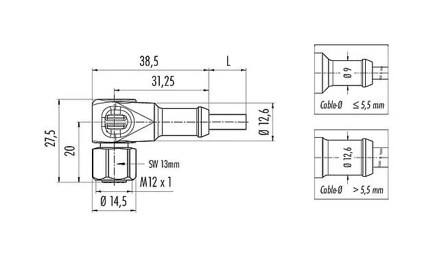Scale drawing M12 Female angled connector, Contacts: 4, unshielded, moulded on the cable, IP67/IP69K, Ecolab, FDA compliant, Special TPE, grey, 4 x 0.34 mm², stainless steel, 2 m