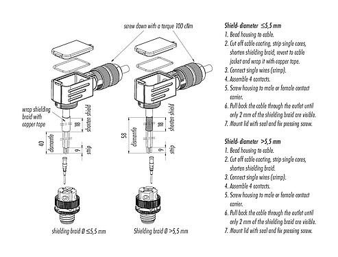 Instrukcja montażu 99 3721 820 04 - M12 Męskie złącze kablowe kątowe, Kontaktów: 4, 5,0-8,0 mm, do ekranowania, zaciskane (kontakty zaciskane należy zamawiać osobno), IP67