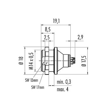 Scale drawing 09 4915 081 05 - Push Pull Male panel mount connector, Contacts: 5, shieldable, solder, IP67, front fastened
