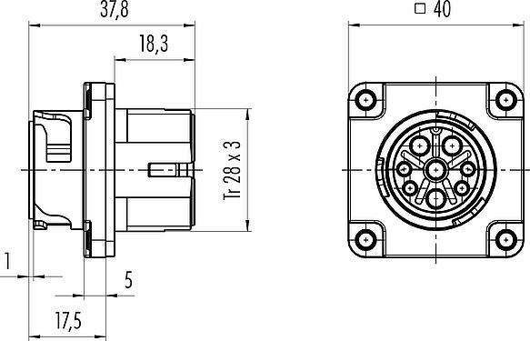 比例图 卡扣式 针头法兰座, 极数: 4+PE, 非屏蔽, 压接(压接触点必须单独订购), IP68/IP69K, UL 2238, VDE, 板前安装, UV-Beständig