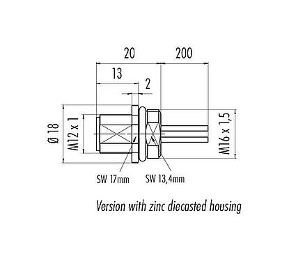 比例图 M12 针头法兰座, 极数: 4, 非屏蔽, 带导线, IP68, UL 2238, M16x1.5, 板前安装