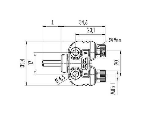 Scale drawing M8 Twin distributors, Y-distributor, Contacts: 3, unshielded, moulded on the cable, IP68, UL 2238, PUR, black, 4 x 0.25 mm², with LED PNP, 2 m