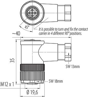 比例图 M12 弯角孔头电缆连接器, 极数: 5, 4.0-6.0mm, 非屏蔽, 螺钉接线, IP67, UL 2238