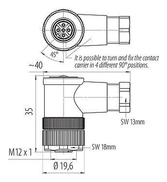 Scale drawing M12 Female angled connector, Contacts: 5, 4.0-6.0 mm, unshielded, screw clamp, IP67, UL 2238