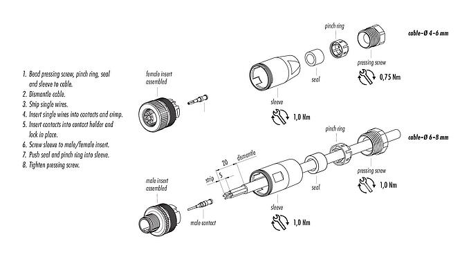 装配说明 M12 直头孔头电缆连接器, 极数: 4, 6.0-8.0mm, 非屏蔽, 压接(压接触点必须单独订购), IP67, UL 2238