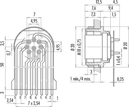 Connection & dimensions M16 Female panel mount connector, Contacts: 8 (08-a), unshielded, THT, IP40, M18x0,75, Rear mounting