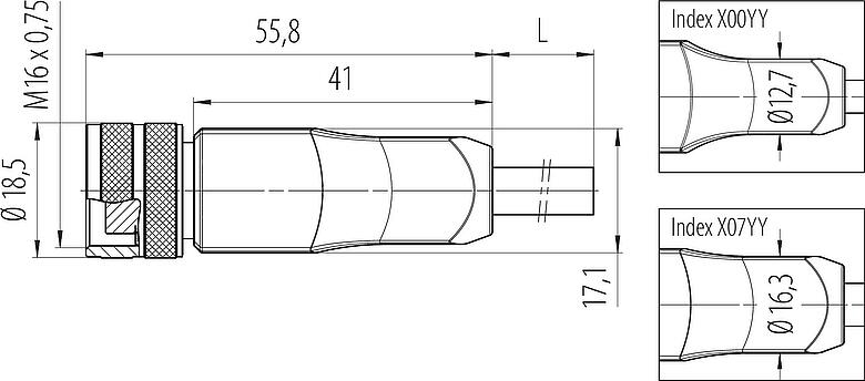 Scale drawing M16 Female cable connector, Contacts: 12, unshielded, moulded on the cable, IP67, PUR, black, 12 x 0.25 mm², 2 m