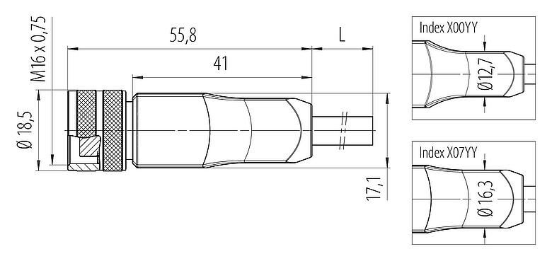 比例图 77 6430 0000 50712-0500 - M16 直头孔头电缆连接器, 极数: 12, 非屏蔽, 预铸电缆, IP68, PUR, 黑色, 12x0.25mm², 5m