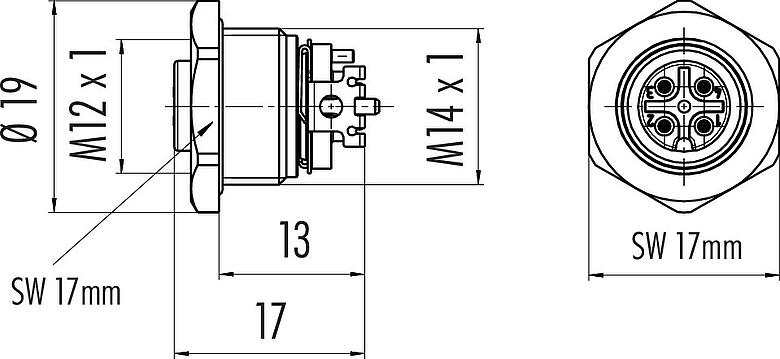 比例图 M12 孔头法兰座, 极数: 4, 可接屏蔽, SMT, IP67, M14x1.0, 板前安装