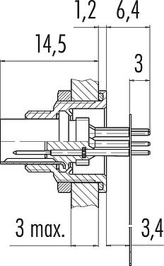 Scale drawing M9 Male panel mount connector, Contacts: 7, unshielded, THT, IP67, M12x0.5, Rear mounting, potted