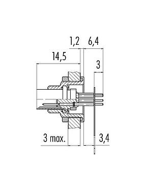 比例图 M9 针头法兰座, 极数: 7, 非屏蔽, THT, IP67, M12x0.5, 後壁安裝, 模压成型