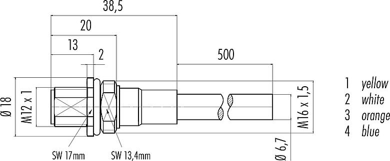 Scale drawing M12 Male panel mount connector, Contacts: 4, shielded, with cable assembled, IP67, UL, M16x1.5, Profinet, PUR, green, 2 x 2 x AWG 22, Front mounting, 0.5 m