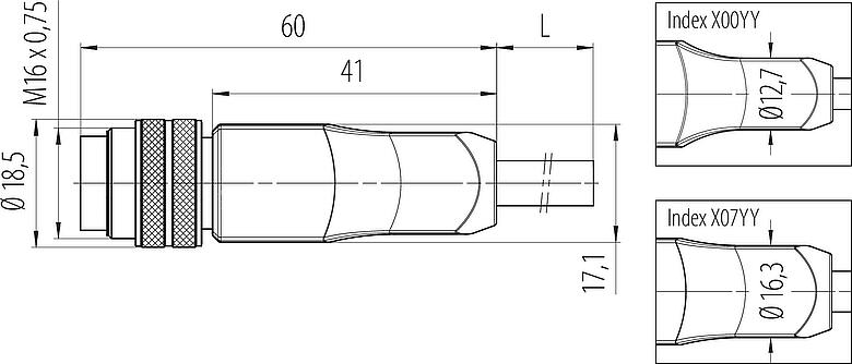 比例图 M16 直头针头电缆连接器, 极数: 12, 非屏蔽, 预铸电缆, IP67, PUR, 黑色, 12x0.25mm², 5m