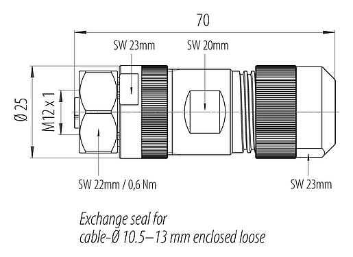 比例图 M12 直头孔头电缆连接器, 极数: 4+FE, 8.0-13.0mm, 非屏蔽, 螺钉接线, IP67, M12x1.0, 不锈钢