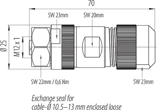 比例图 M12 直头孔头电缆连接器, 极数: 4+FE, 8.0-13.0mm, 非屏蔽, 螺钉接线, IP67, M12x1.0, 不锈钢