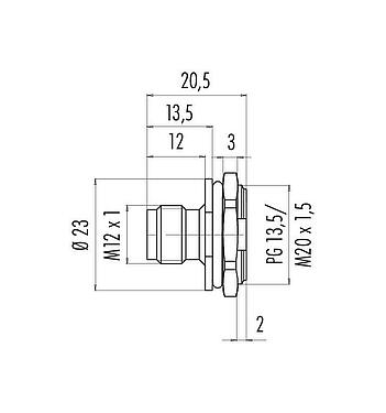 Scale drawing M12 Male panel mount connector, Contacts: 5, unshielded, solder, IP67, UL 2238, M20x1.5, Front mounting